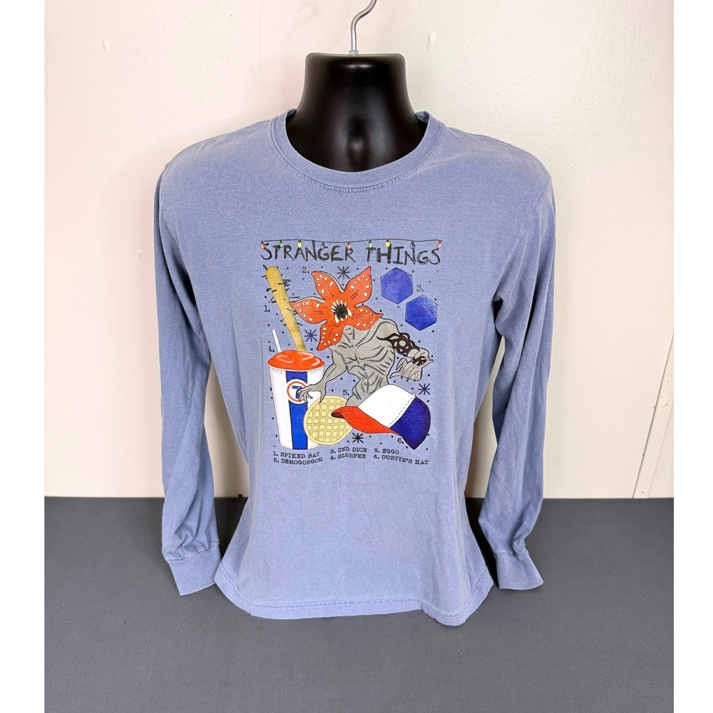 Comfort Colors Long Sleeve T-Shirt Unisex S Stranger Things Graphic Blue Cotton